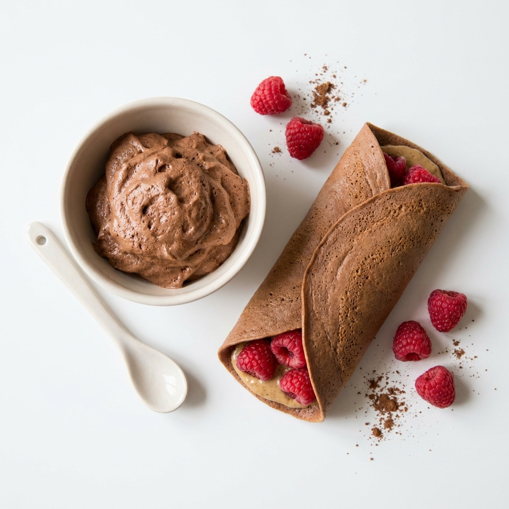 Whipped Carob Pudding with Seed Butter Raspberry Wrap, prepared as a finished Lila recipe
