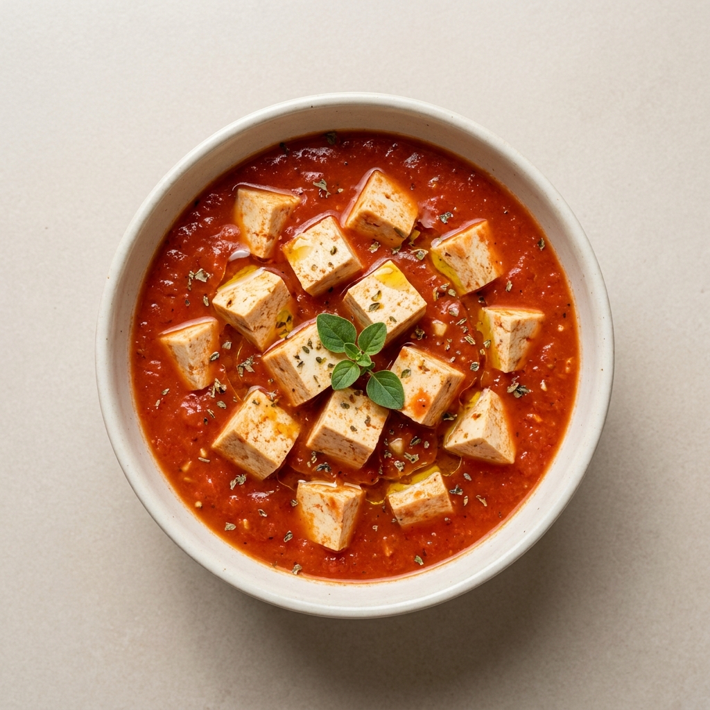 Protein-Packed Tomato Soup with Cubed Tofu, prepared as a finished Lila recipe