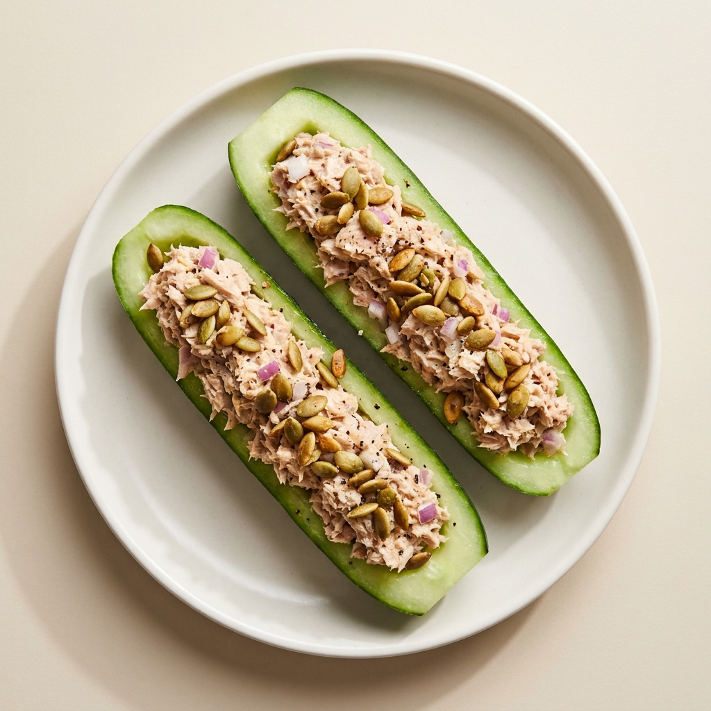 Dijon Tuna Cucumber Boats with Crunchy Pepitas, prepared as a finished Lila recipe