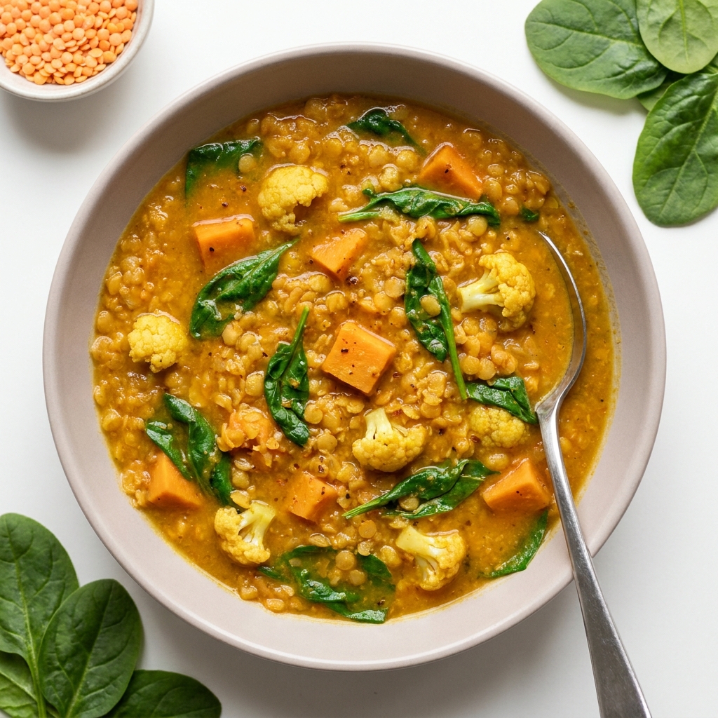 Curried Red Lentil and Vegetable Soup, prepared as a finished Lila recipe