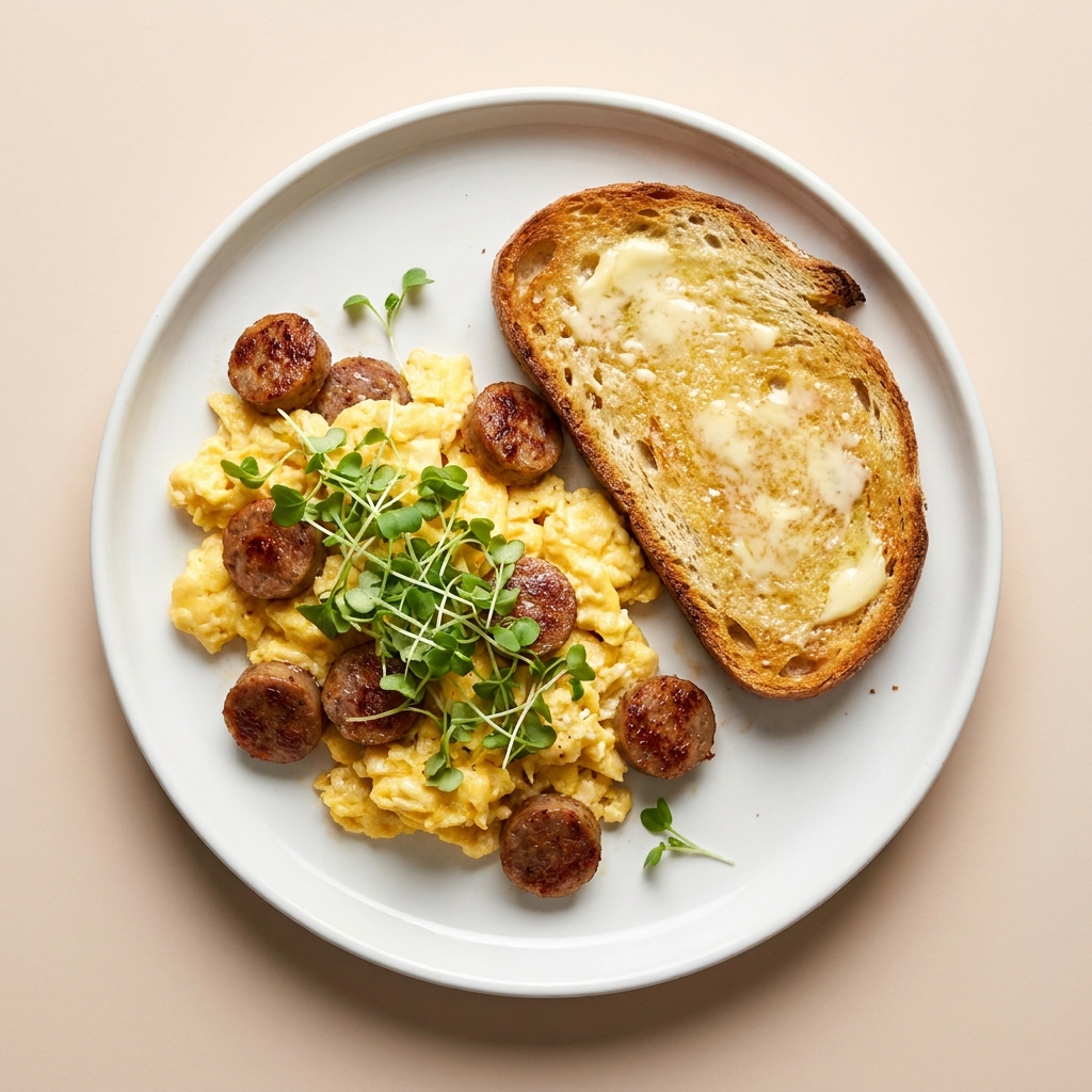Mediterranean Beef Sausage and Eggs with Sourdough, prepared as a finished Lila recipe