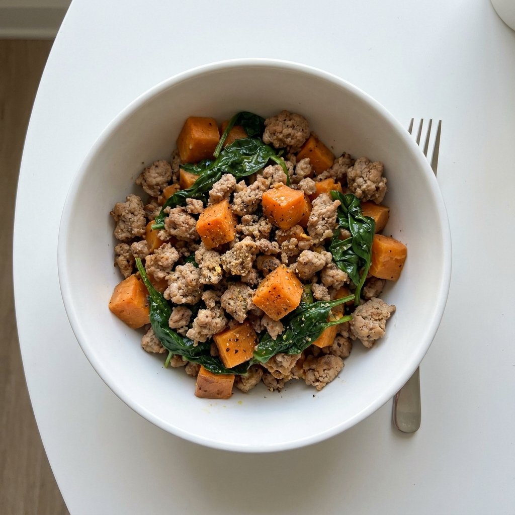 10-Minute Ground Turkey and Sweet Potato Spinach Bowl, prepared as a finished Lila recipe