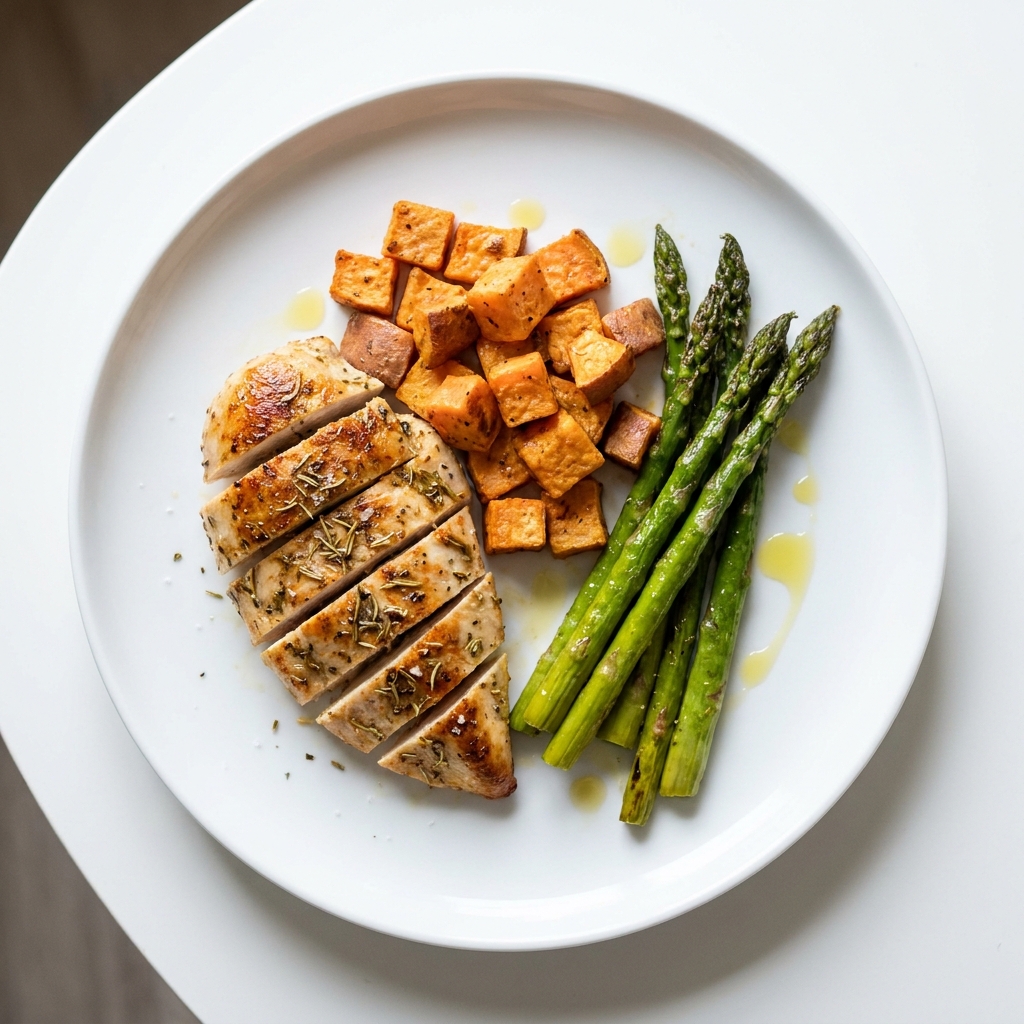 Herbed Chicken with Sweet Potato and Asparagus, prepared as a finished Lila recipe
