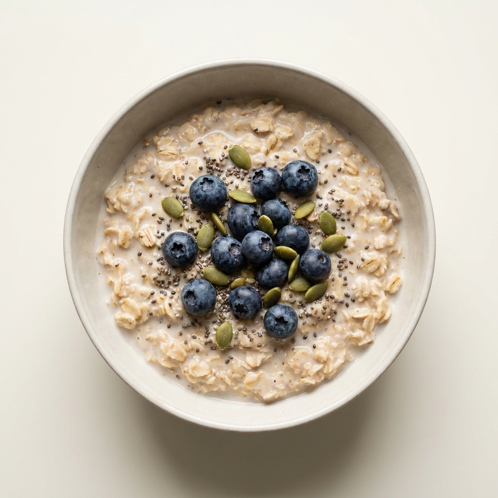 High-Protein Berry Seed Oatmeal with Milk, prepared as a finished Lila recipe
