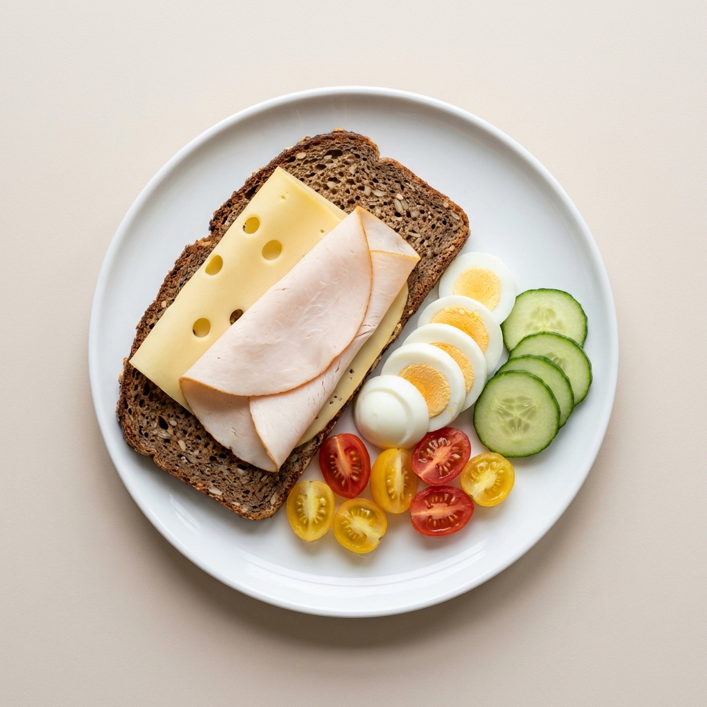 Hearty German Rye Breakfast Plate with Cheese and Turkey, prepared as a finished Lila recipe