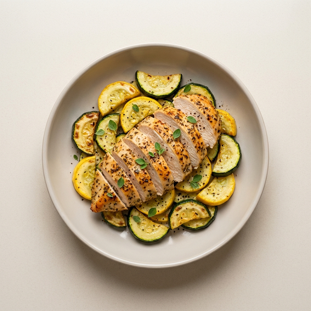 Air Fryer Herb Chicken with Zucchini and Squash, prepared as a finished Lila recipe