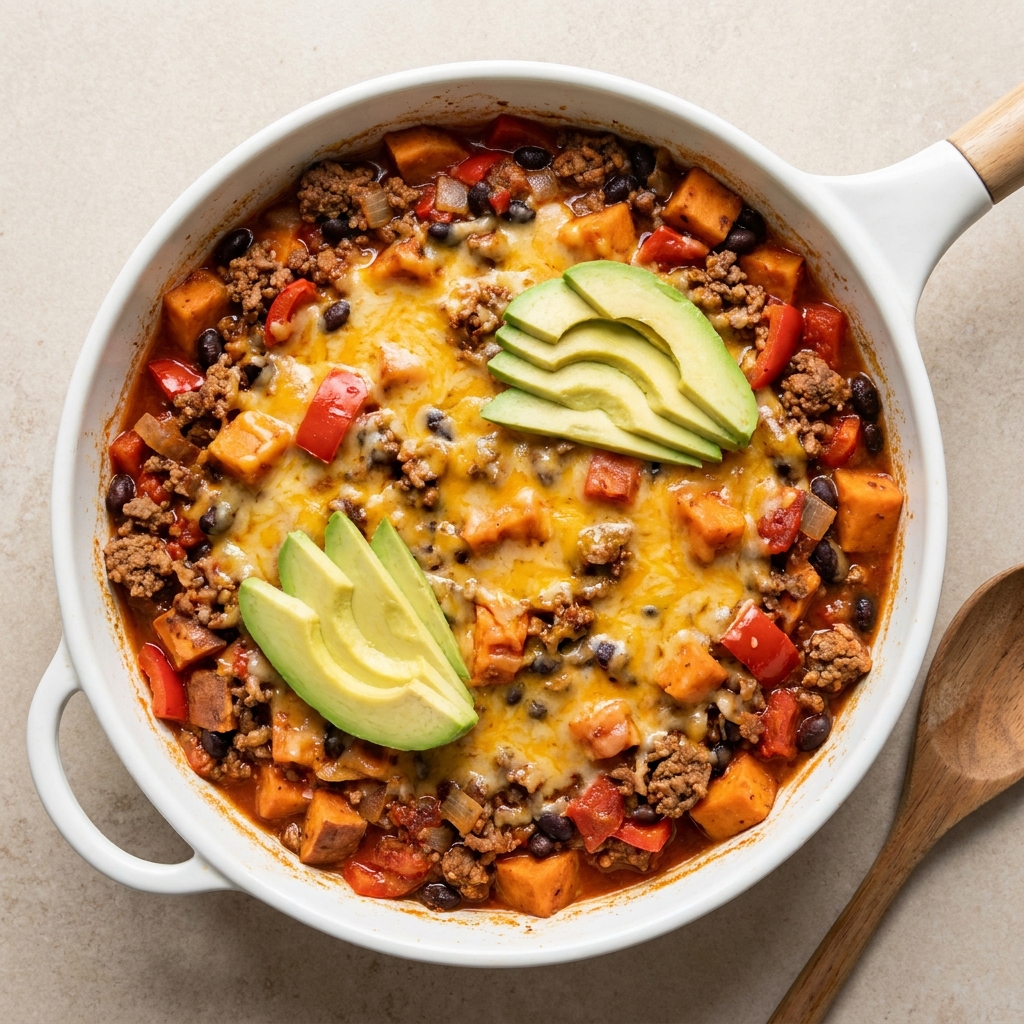Ground Beef and Sweet Potato Skillet Casserole, prepared as a finished Lila recipe