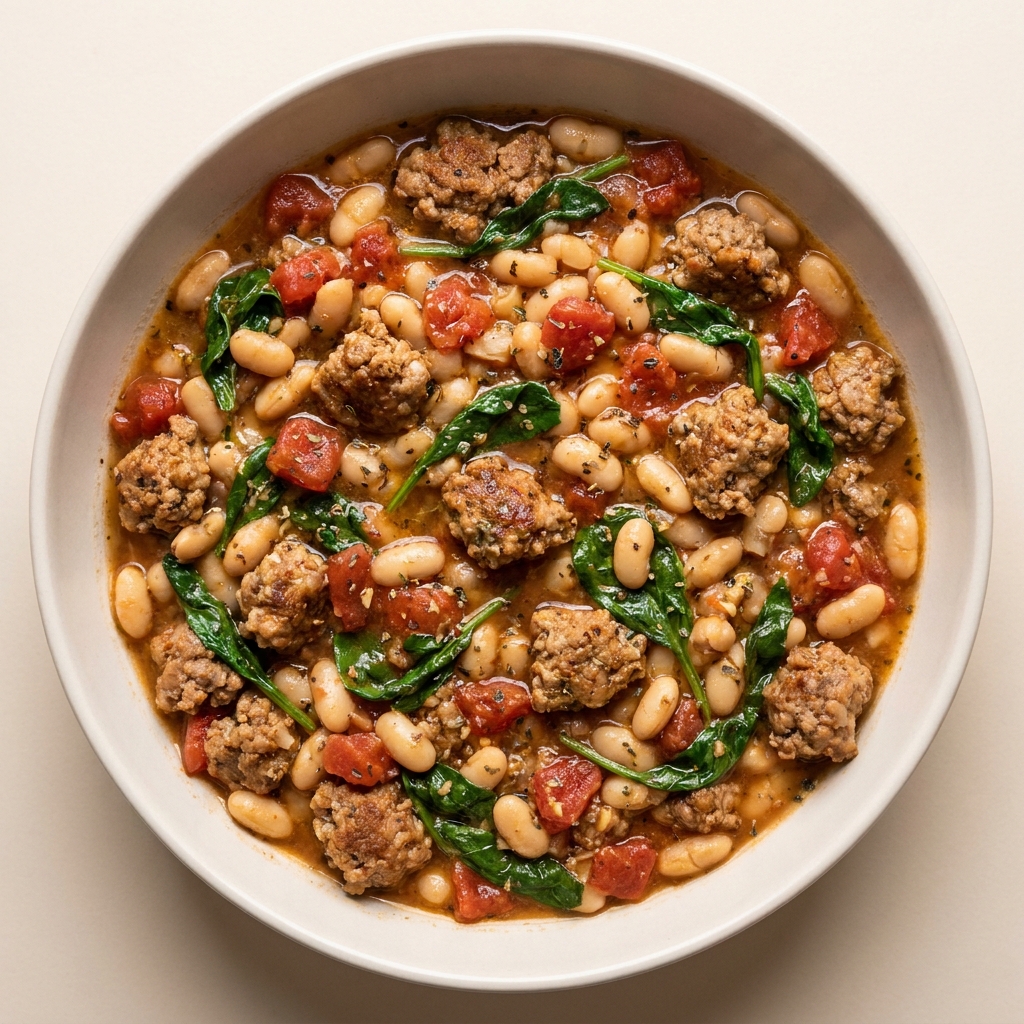 One Pot Pork Sausage and White Bean Casserole, a recipe made by the Lila community