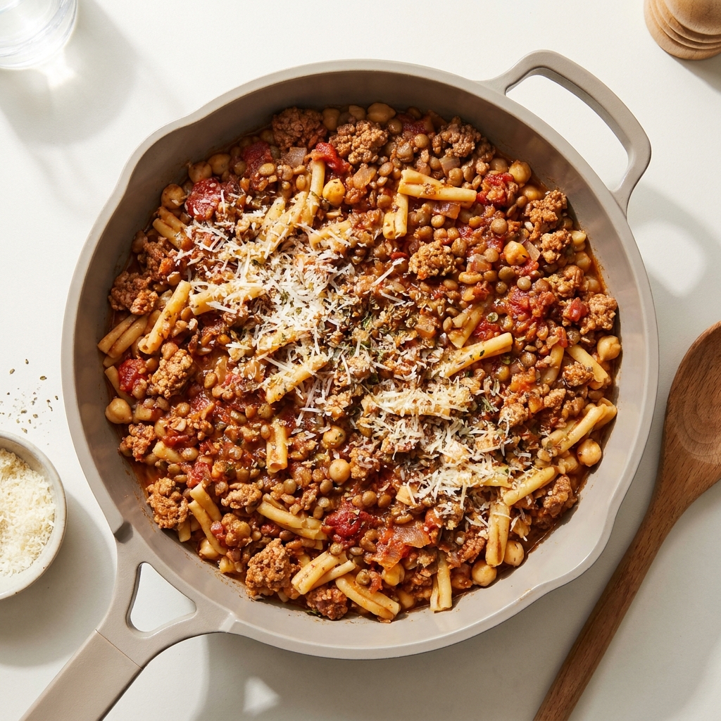 One Pot Pork Sausage and Lentil Bolognese Skillet, a recipe made by the Lila community