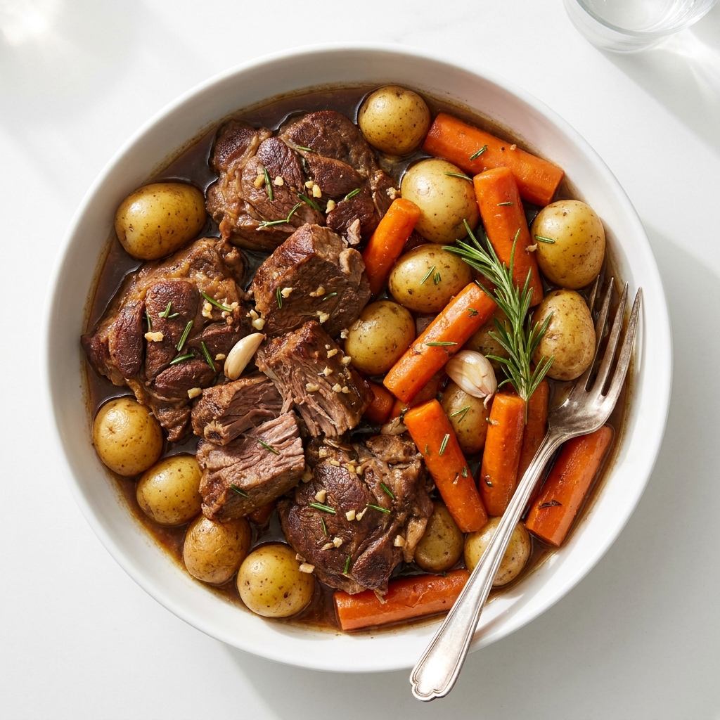 Slow Cooked Lamb Roast with Carrots and Potatoes, prepared as a finished Lila recipe