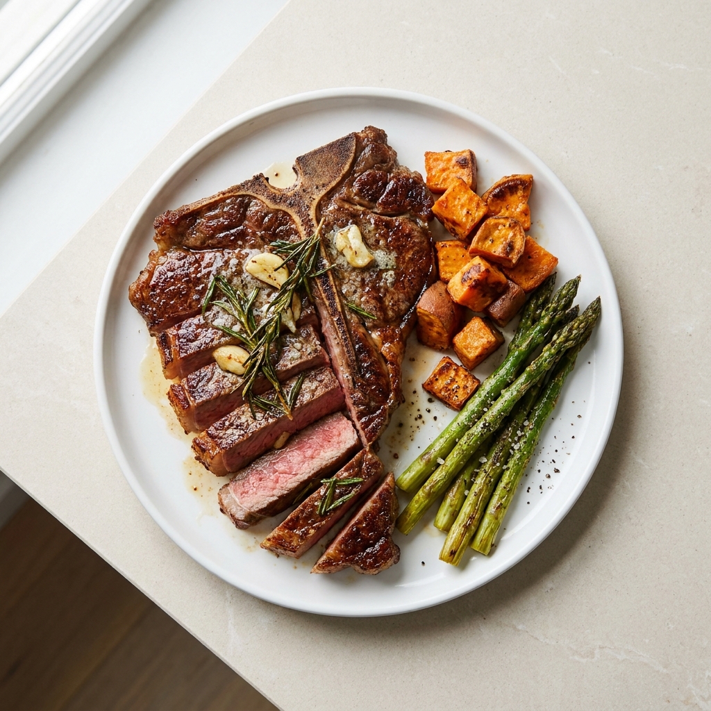 Pan-Seared T-Bone Steak with Roasted Asparagus and Sweet Potato, a recipe made by the Lila community