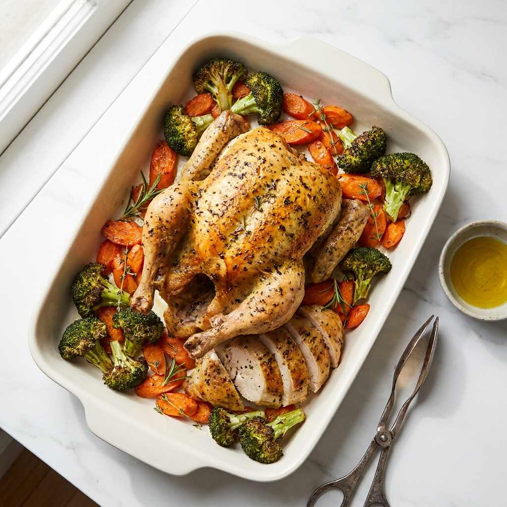 Sheet Pan Garlic Herb Roasted Whole Chicken with Carrots and Broccoli, a recipe made by the Lila community