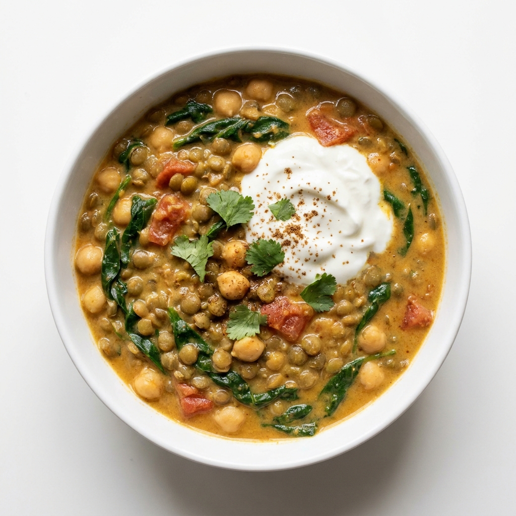 One Pot Creamy Lentil and Chickpea Coconut Curry, prepared as a finished Lila recipe
