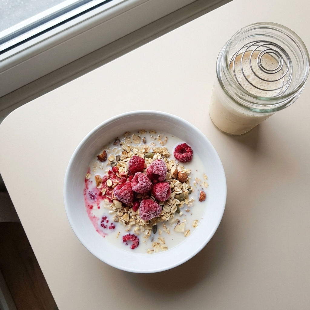 High-Protein Muesli Bowl with Raspberries & Creamy Shake, prepared as a finished Lila recipe