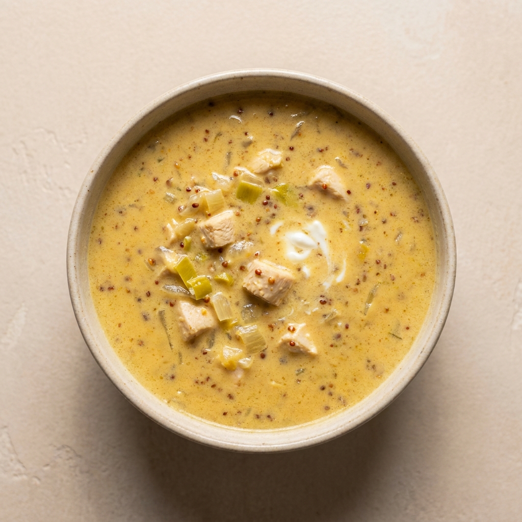Protein-Rich Dutch Mustard Soup with Tender Chicken, prepared as a finished Lila recipe