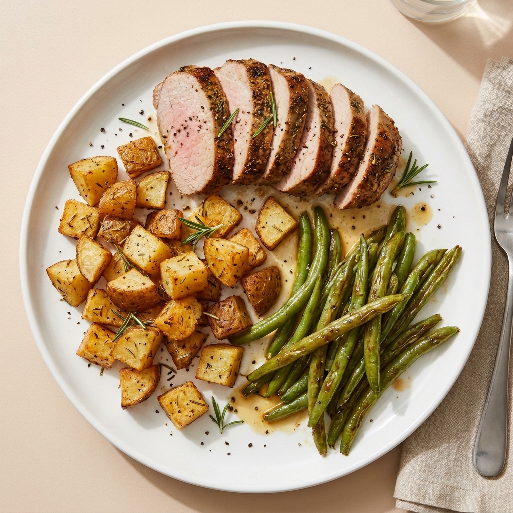 Roasted Pork Tenderloin with Onion Soup Potatoes and Green Beans, prepared as a finished Lila recipe