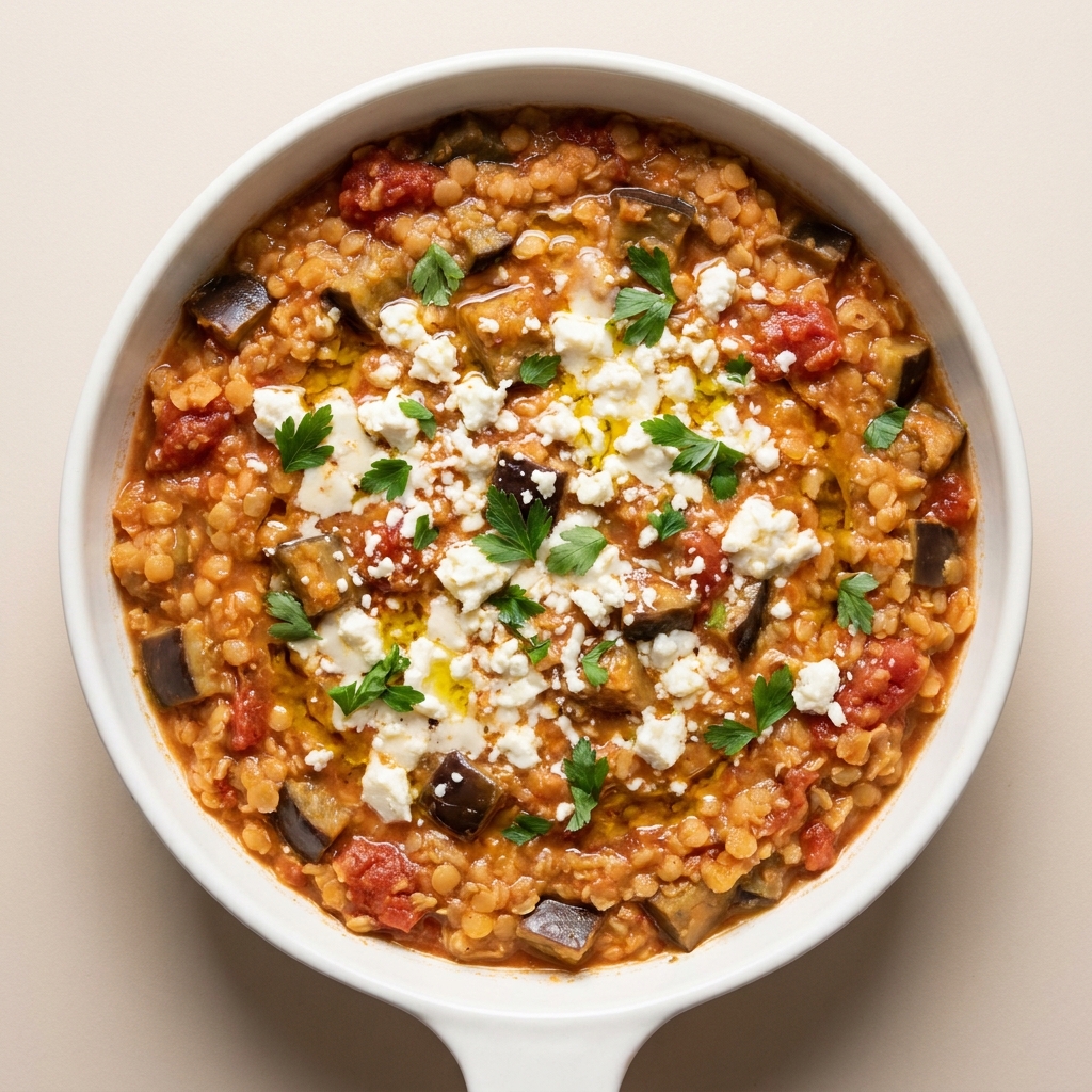 Greek Red Lentil and Eggplant Skillet With Feta, prepared as a finished Lila recipe