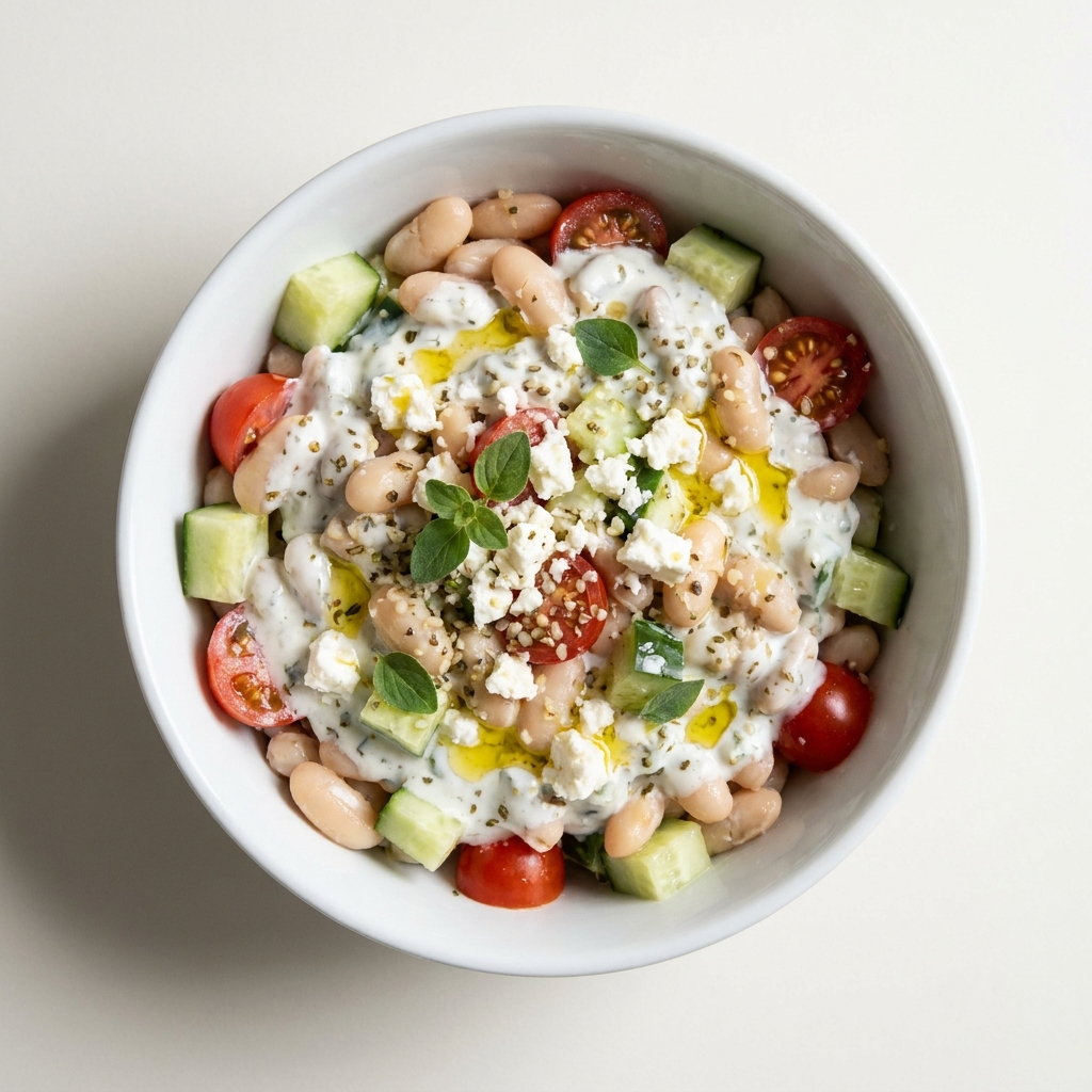 High-Protein Mediterranean White Bean & Tzatziki Bowl, prepared as a finished Lila recipe