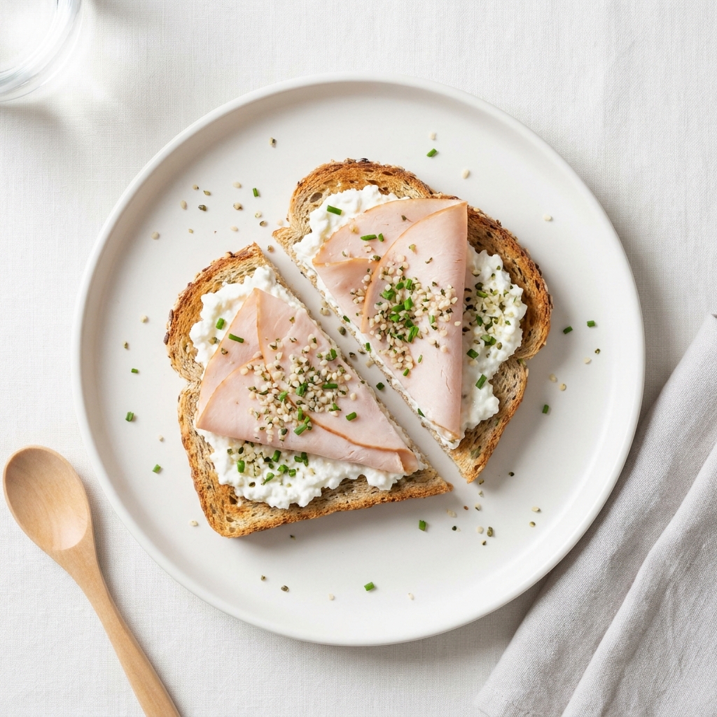 Seeded Toast with Cottage Cheese and Turkey Ham, prepared as a finished Lila recipe