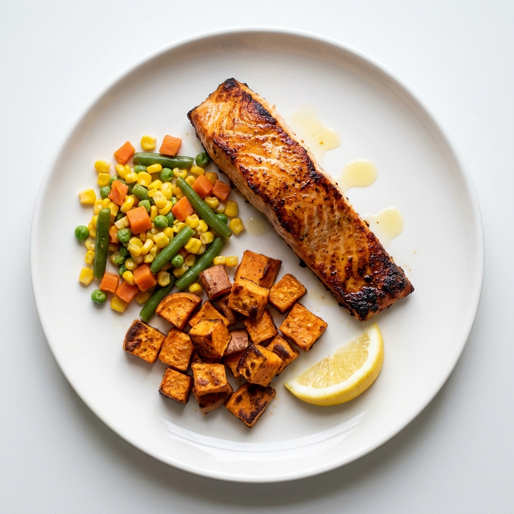 Air-Fried Salmon with Sweet Potato and Veggies, prepared as a finished Lila recipe