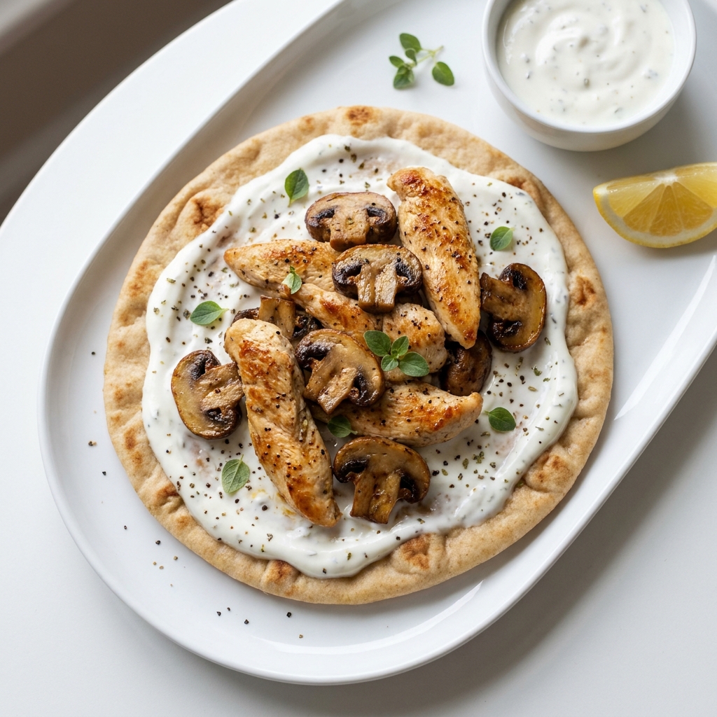 Garlic Yogurt Chicken and Mushroom Flatbreads, prepared as a finished Lila recipe