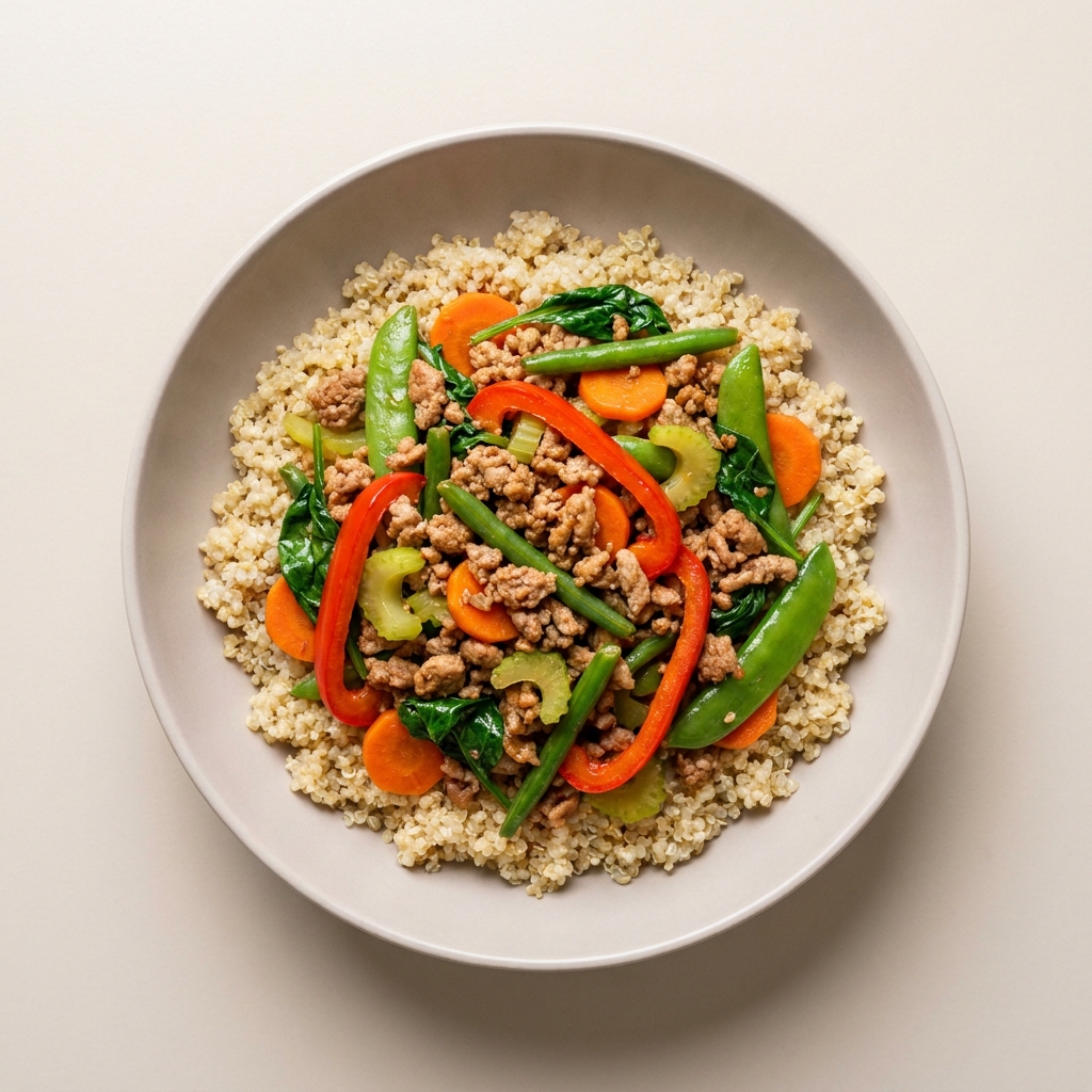 High Protein Pork Mince and Vegetable Stir Fry with Quinoa, prepared as a finished Lila recipe