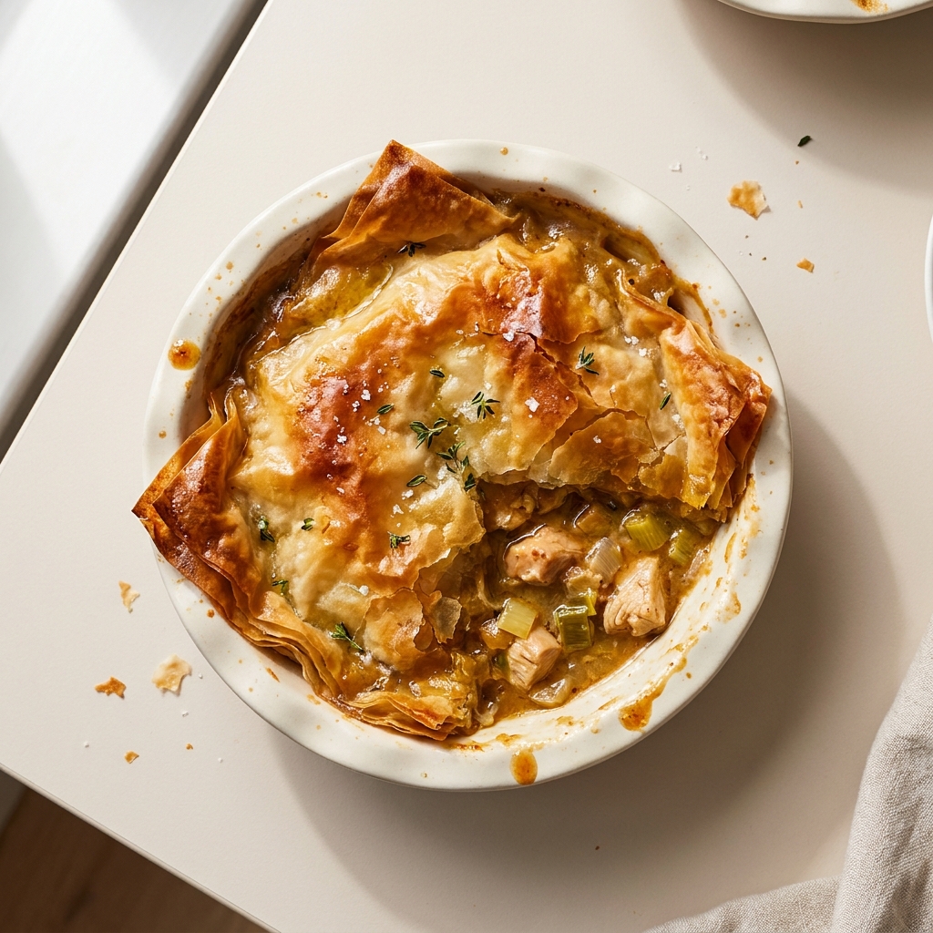Dairy-Free Chicken and Leek Filo Pie, prepared as a finished Lila recipe