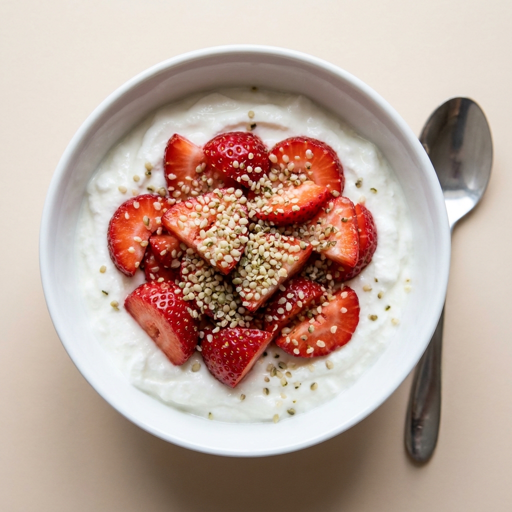 Strawberry Hemp Seed Greek Yogurt Cup, prepared as a finished Lila recipe