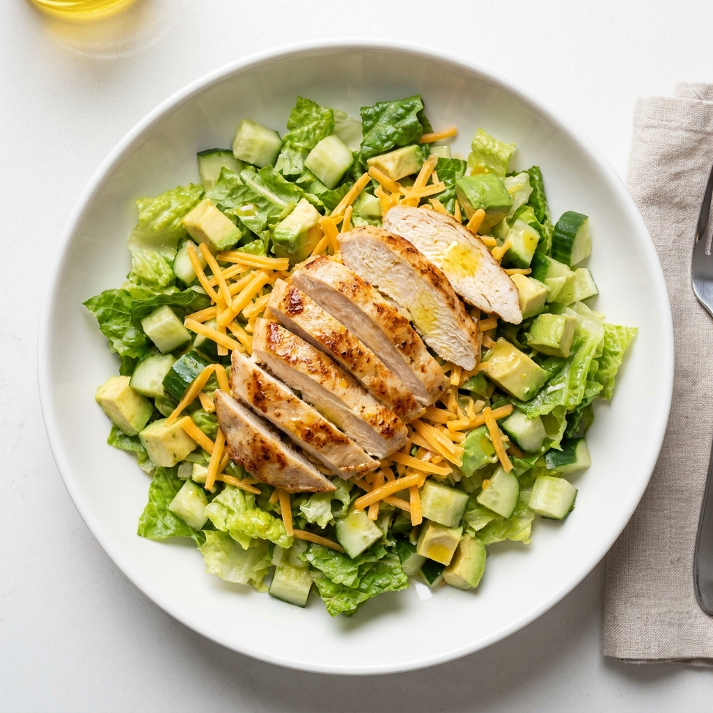 Quick Chicken Cheddar and Avocado Salad, prepared as a finished Lila recipe