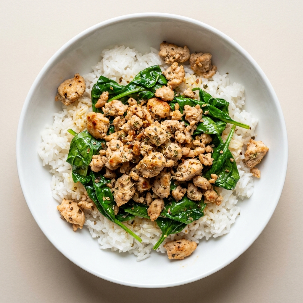 Ground Chicken and Spinach Rice Bowl, prepared as a finished Lila recipe