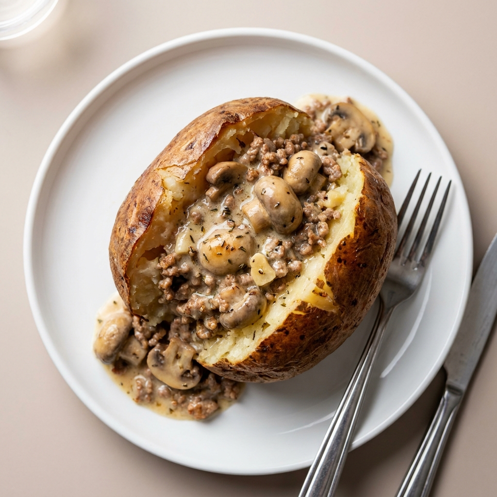 Creamy Garlic Pork Mince and Mushroom Jacket Potato, prepared as a finished Lila recipe