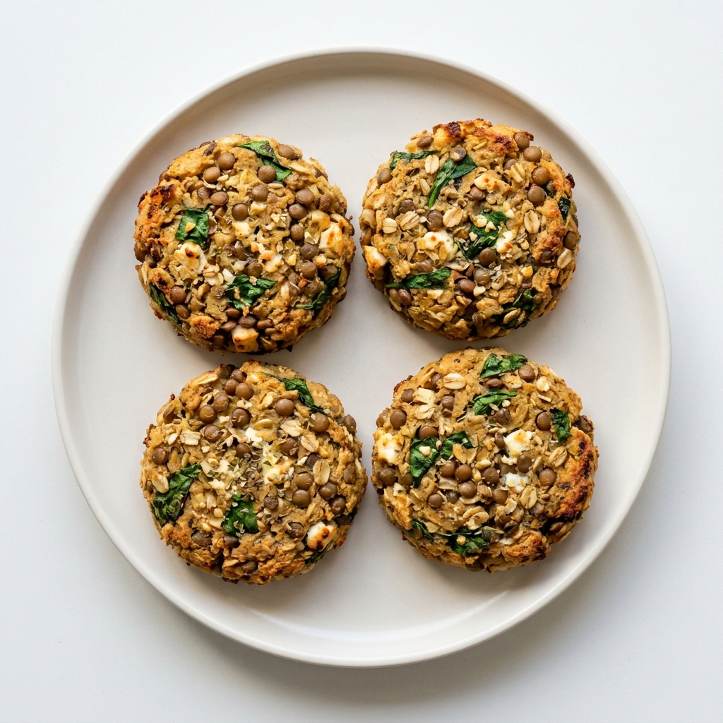 Baked Mediterranean Lentil and Feta Burger Patties, prepared as a finished Lila recipe