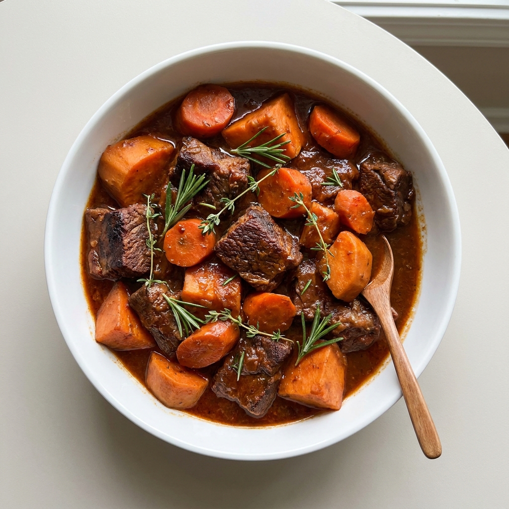 Slow Cooker Beef Stew With Sweet Potatoes and Herbs, prepared as a finished Lila recipe