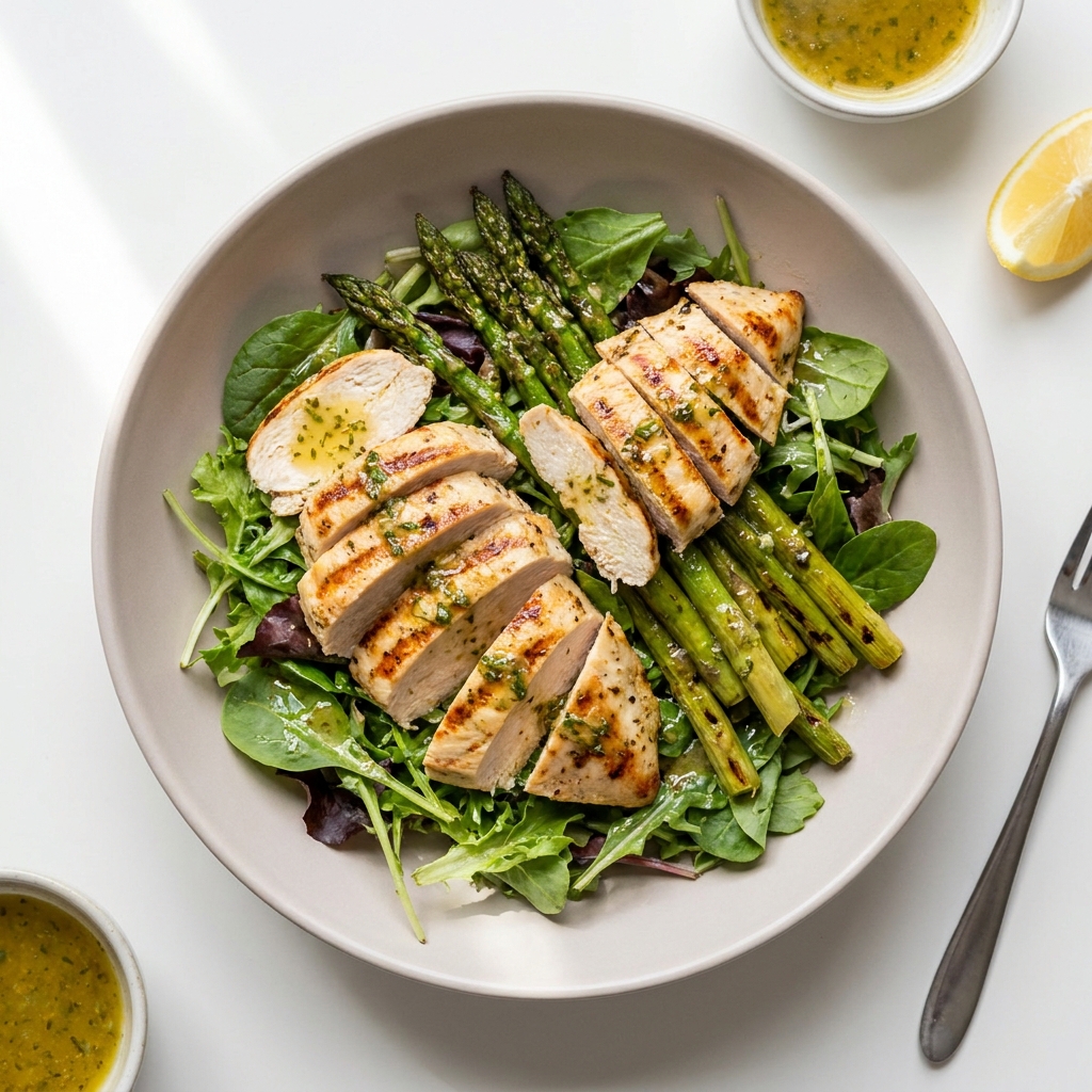 Grilled Chicken and Roasted Asparagus Salad, prepared as a finished Lila recipe