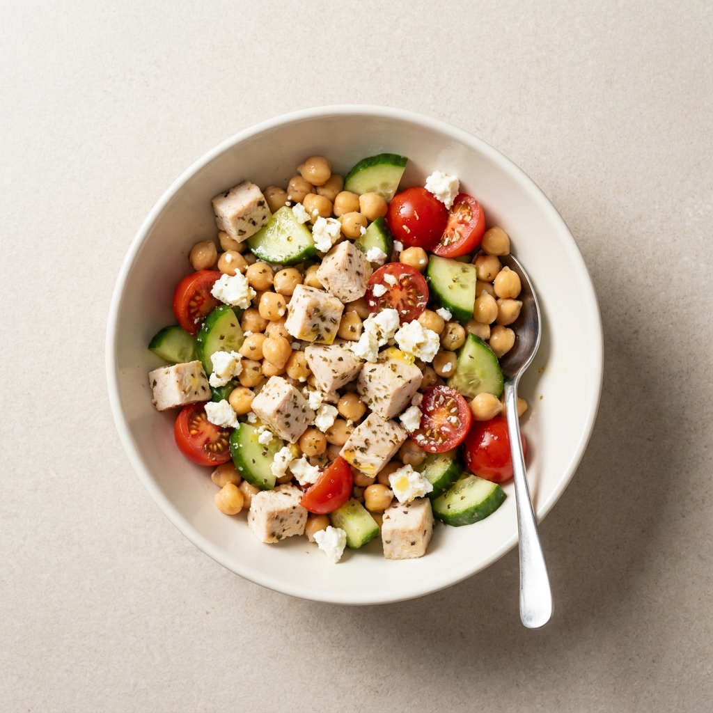 Quick Mediterranean Chicken and Chickpea Bowl, prepared as a finished Lila recipe