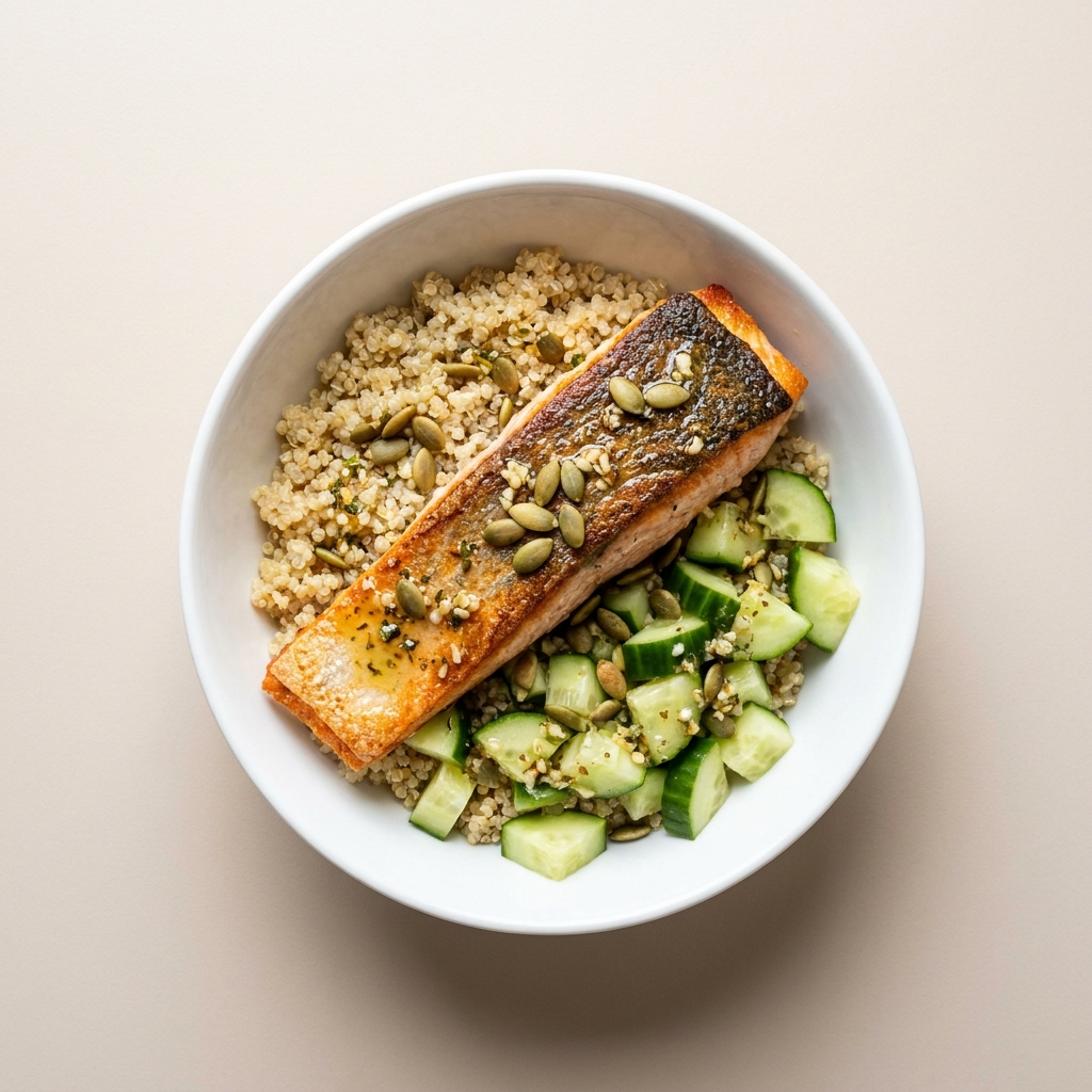 Mediterranean Lemon Herb Salmon Bowl, prepared as a finished Lila recipe