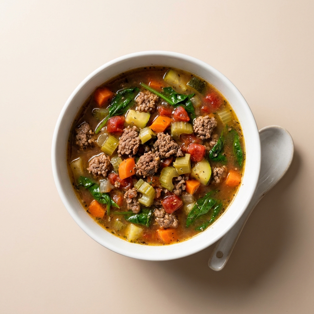 Slow Cooker Mediterranean Ground Beef Vegetable Soup, prepared as a finished Lila recipe