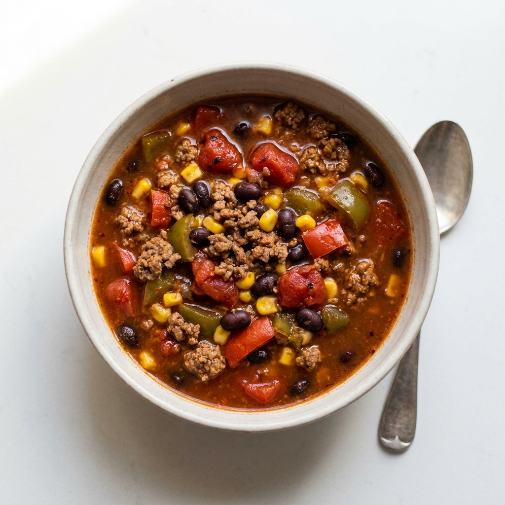 Slow Cooker Beef and Black Bean Chili Soup, prepared as a finished Lila recipe