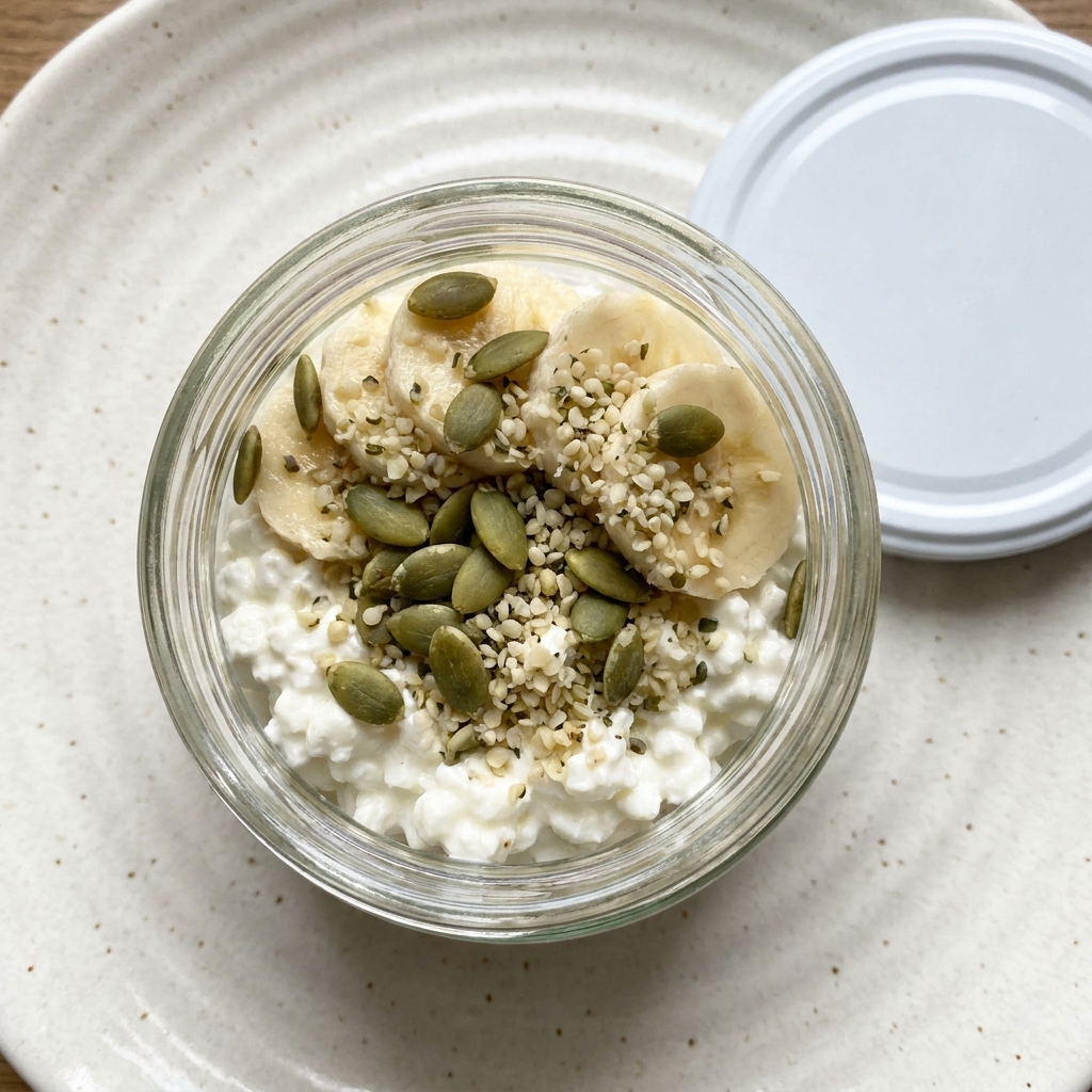 Hemp and Pumpkin Seed Cottage Cheese Snack Pot, prepared as a finished Lila recipe