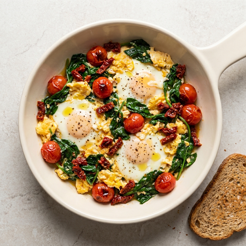 Mediterranean Sun-Dried Tomato and Spinach Skillet, prepared as a finished Lila recipe