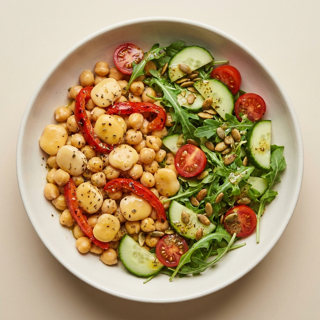 Warm Chickpea and Lupini Bean Mediterranean Bowl, prepared as a finished Lila recipe