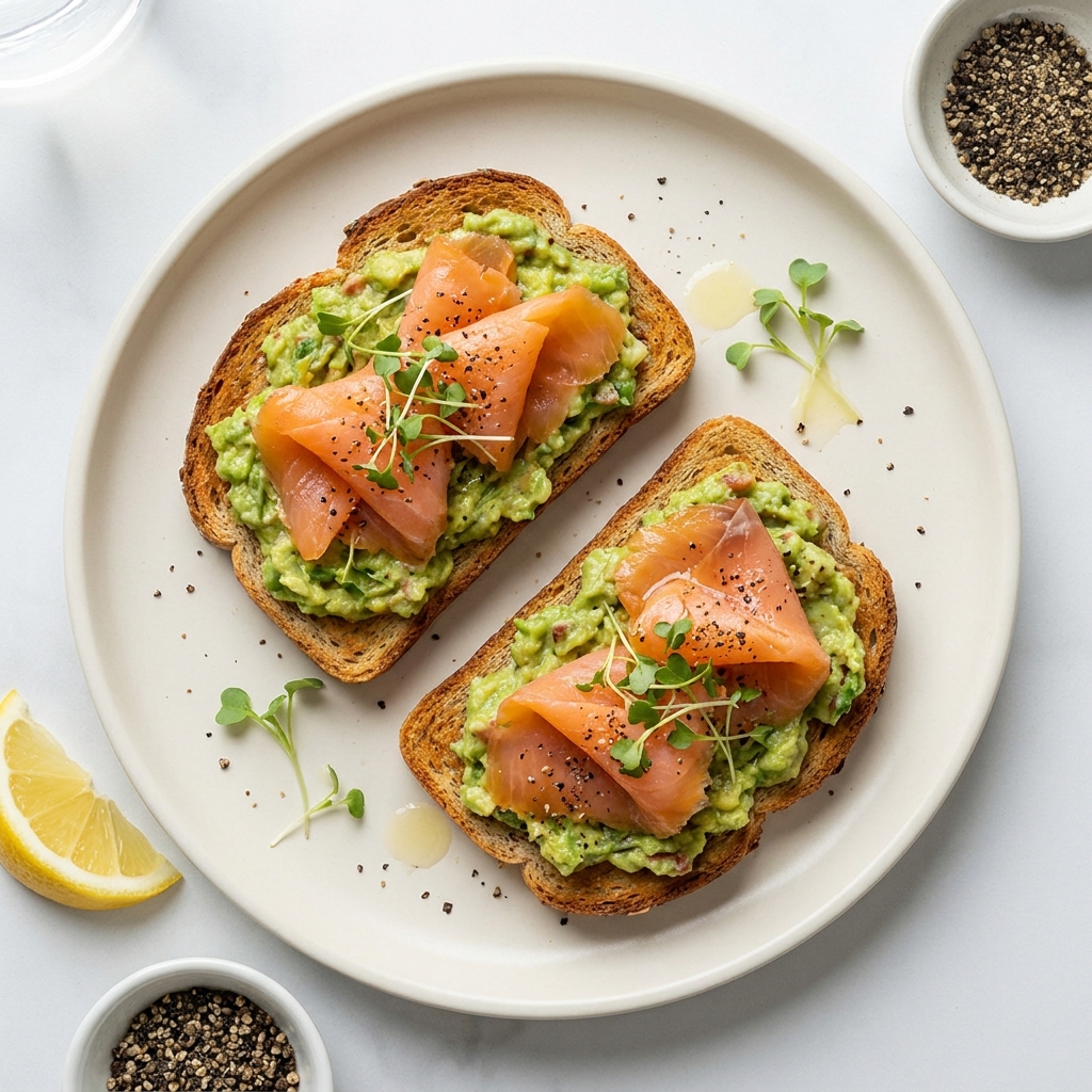 Smoked Salmon Avocado Toast on Ezekiel Flax Bread, prepared as a finished Lila recipe