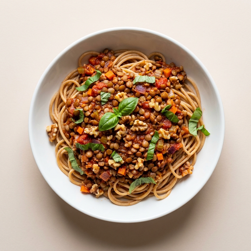 Lentil And Walnut Bolognese With Whole-Wheat Pasta, prepared as a finished Lila recipe