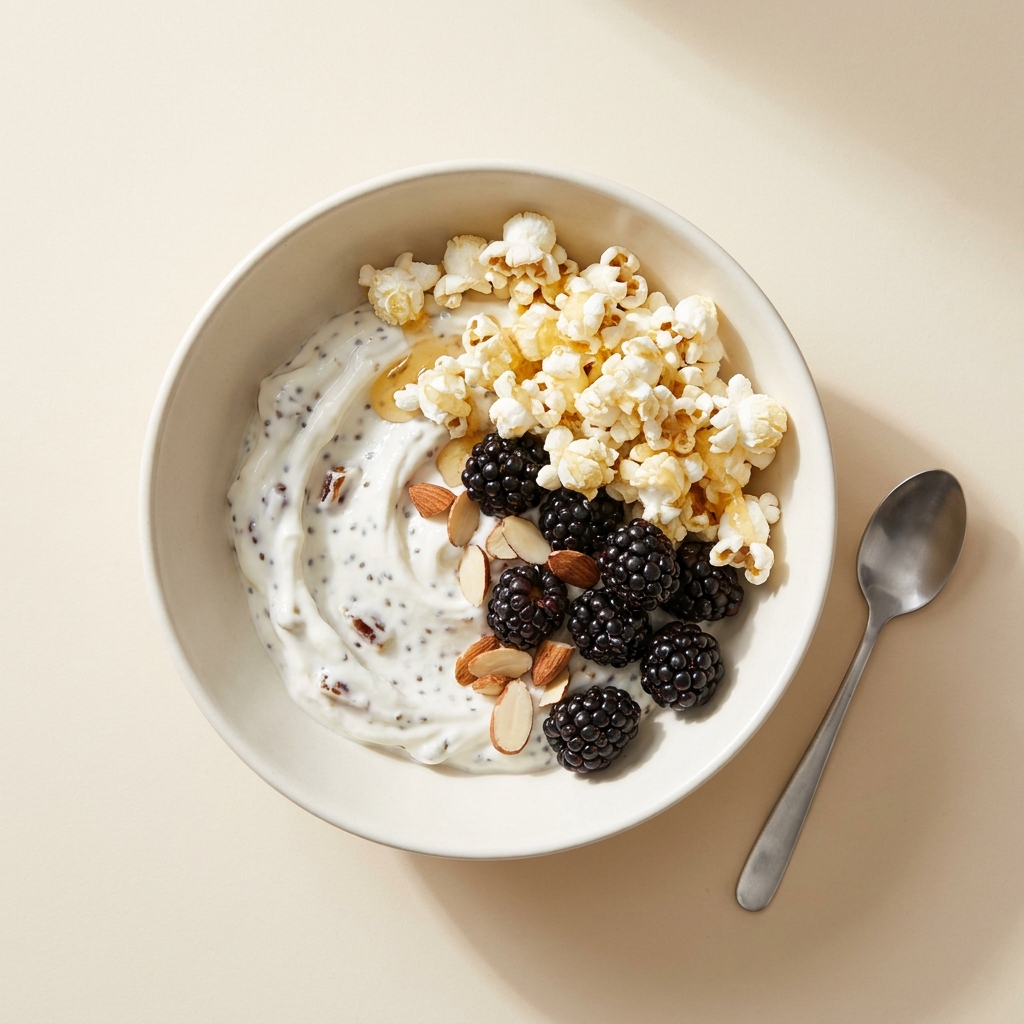 Greek Yogurt And Popcorn Power Bowl, prepared as a finished Lila recipe