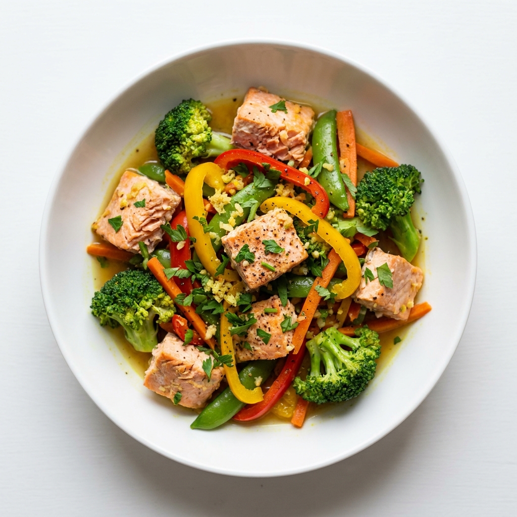 Hormone-Balancing Salmon and Vegetable Stir-Fry, prepared as a finished Lila recipe