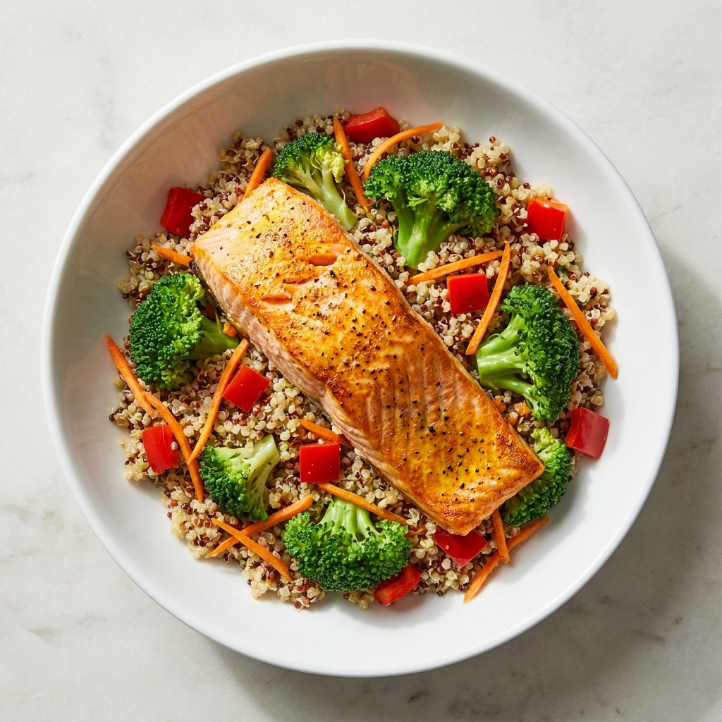 Hormone-Balancing Quinoa & Salmon Bowl, prepared as a finished Lila recipe