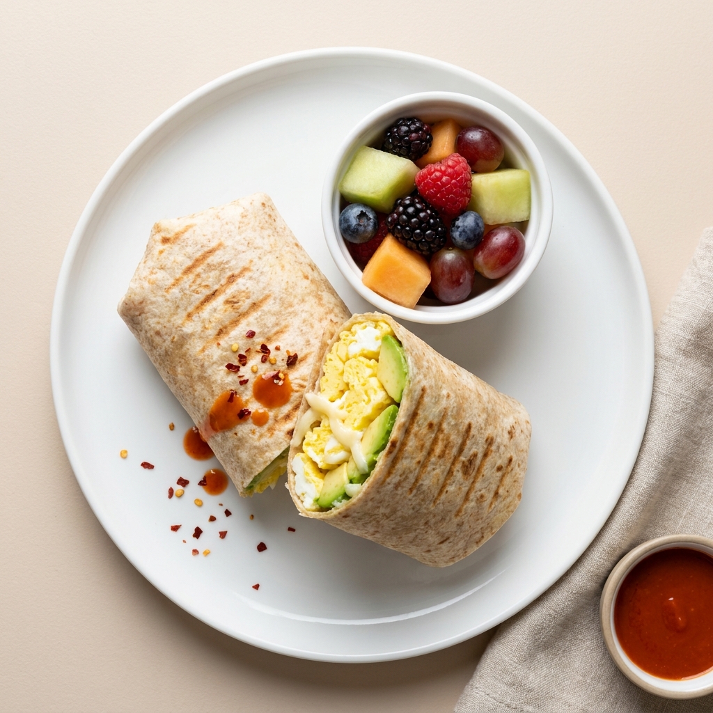 Avocado and Mozzarella Breakfast Wrap, prepared as a finished Lila recipe