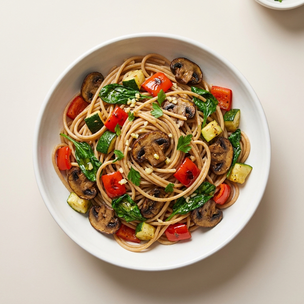 Whole-Wheat Pasta With Roasted Vegetables And Mushrooms, prepared as a finished Lila recipe