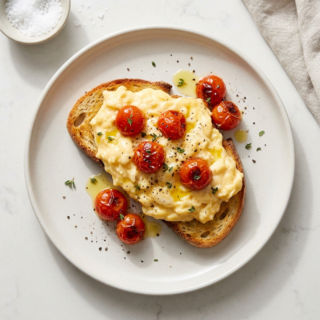 Cheesy Scrambled Eggs With Roasted Cherry Tomato And Toast, prepared as a finished Lila recipe
