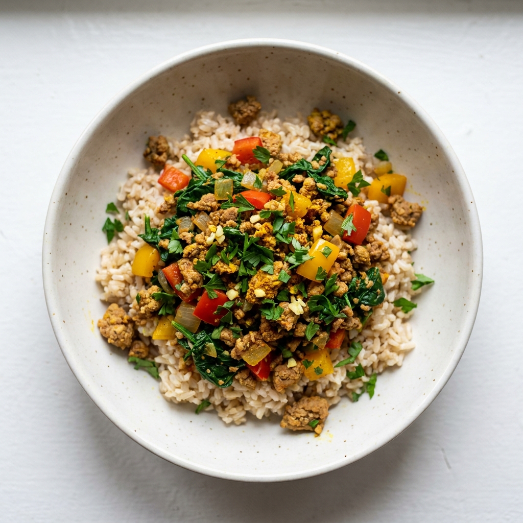 Ground Turkey and Veggie Rice Bowl, prepared as a finished Lila recipe